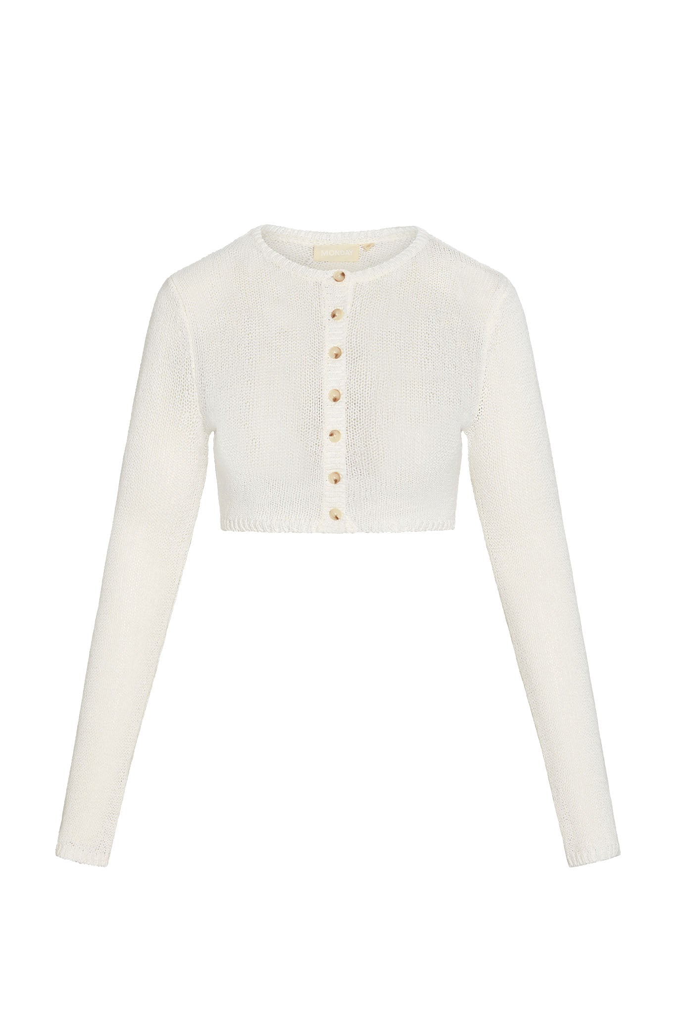 White cardigan with buttons on a white background