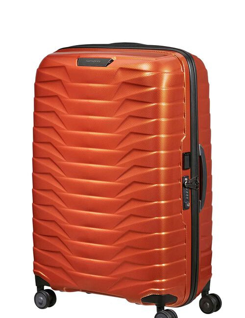Orange suitcase with a textured surface on a white background