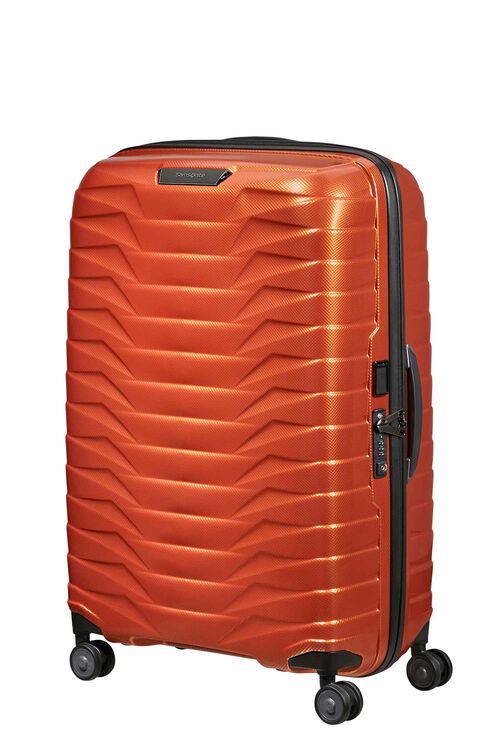 Orange suitcase with a textured surface on a white background
