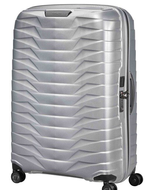 Silver suitcase with a textured pattern on a white background