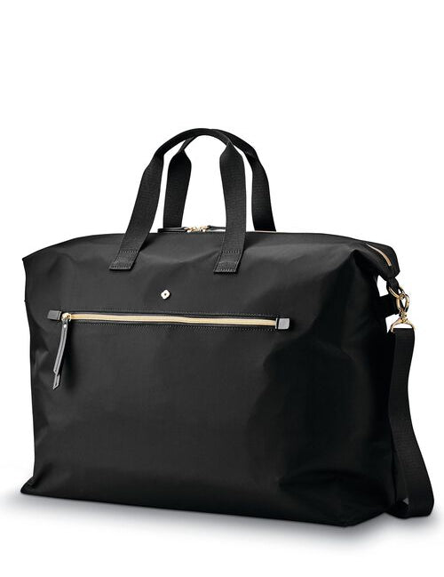 Black classic duffle bag, angled view on white background