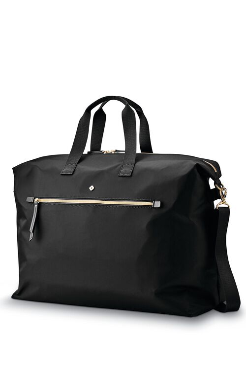 Black classic duffle bag, angled view on white background