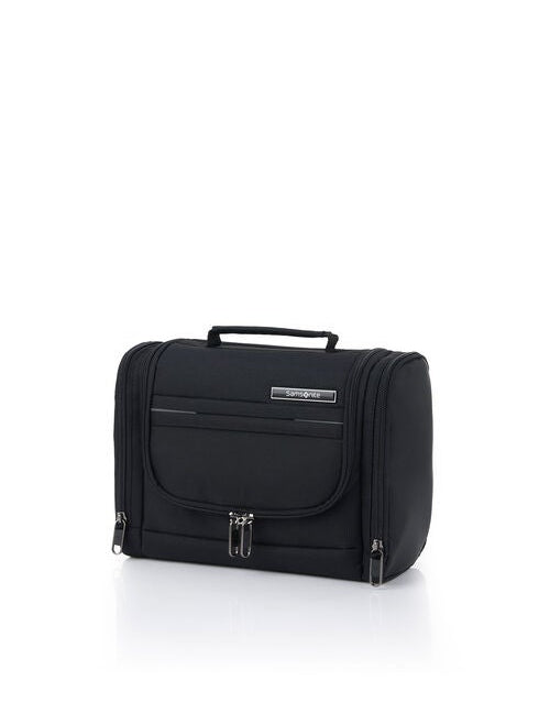 Black toiletry bag on a white background