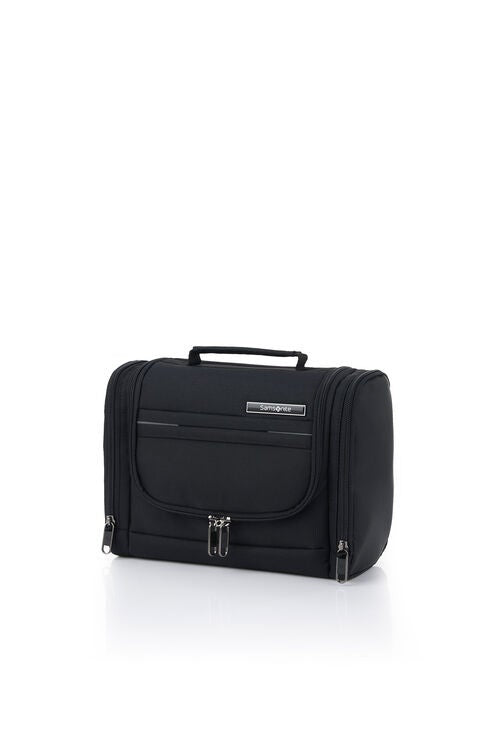 Black toiletry bag on a white background