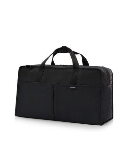 Black duffel bag on a white background