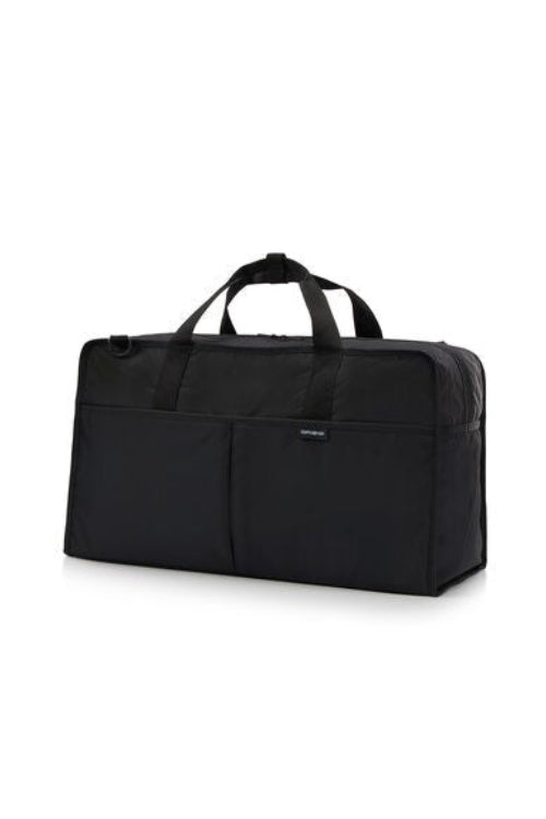 Black duffel bag on a white background