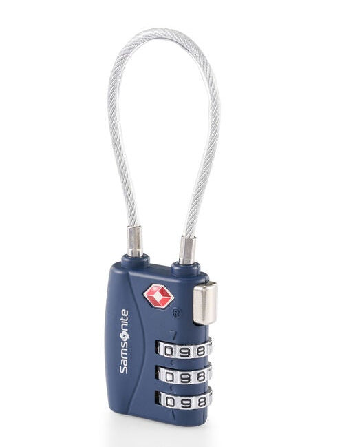 Blue combination lock with a cable on a white background