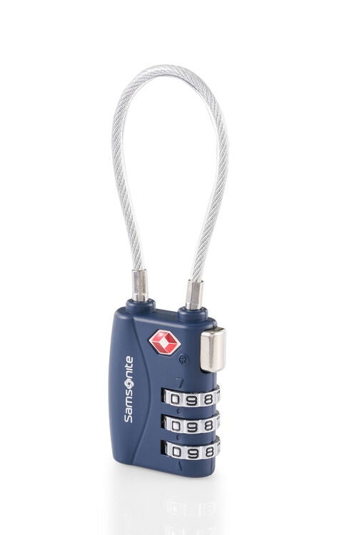 Blue combination lock with a cable on a white background