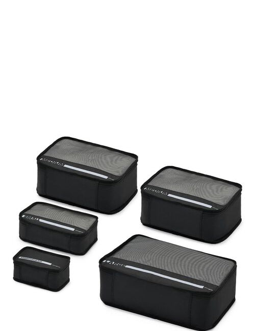 Set of five black containers with textured surface on a white background