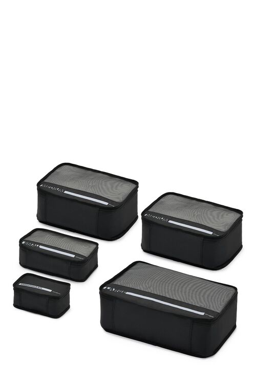Set of five black containers with textured surface on a white background