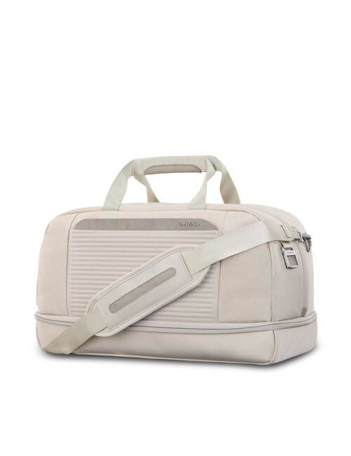 Forest green weekender duffle bag, angled view on white background