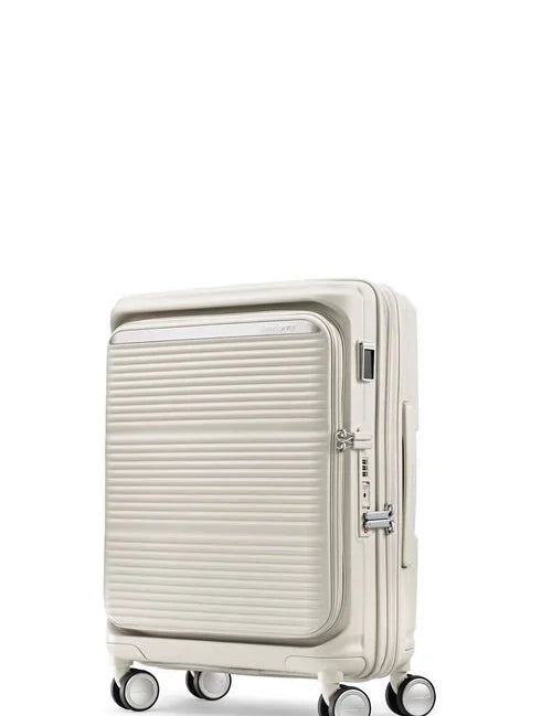 Forest green hard-shell carry-on suitcase with front laptop pocket, angled view on white background