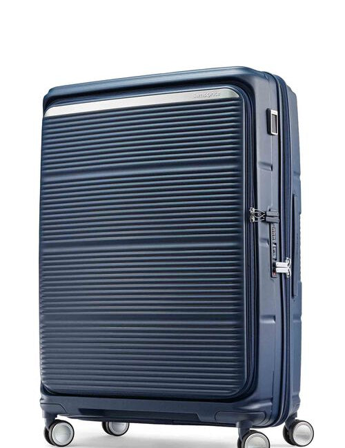 Navy hard-shell large checked suitcase, angled view on white background