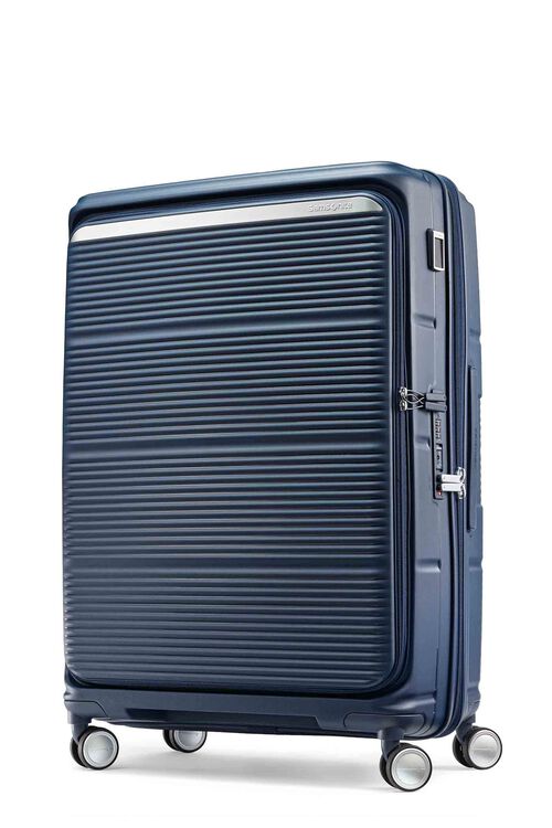 Navy hard-shell large checked suitcase, angled view on white background