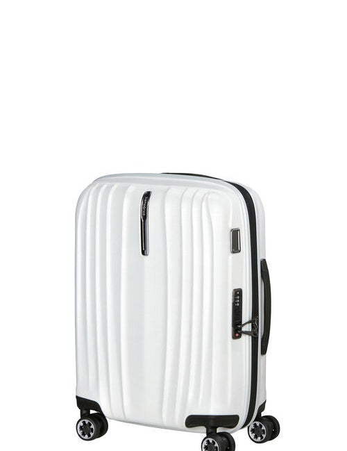 Ivory hard-shell carry-on suitcase, angled view on white background