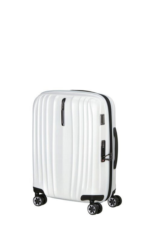 Ivory hard-shell carry-on suitcase, angled view on white background