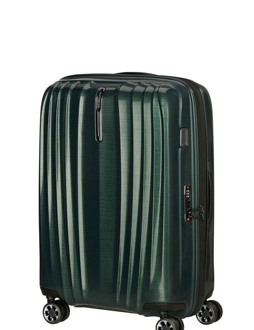 Navy hard-shell large checked suitcase, angled view on white background