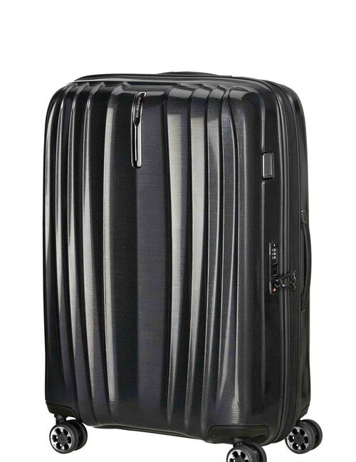 Black hard-shell extra-large checked suitcase, angled view on white background