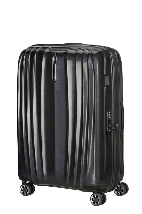 Black hard-shell extra-large checked suitcase, angled view on white background