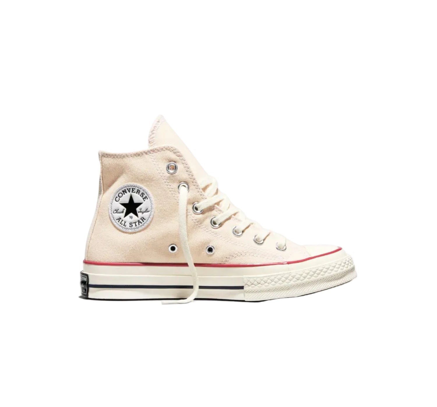 Parchment cream high top canvas sneaker with black sole, front view on white background