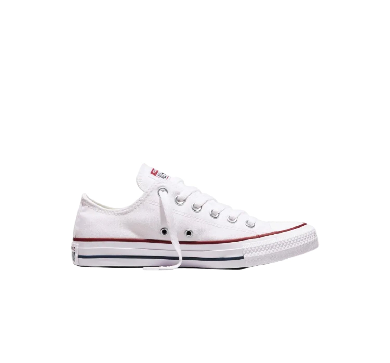 Black low top canvas sneaker with white sole, front view on white background