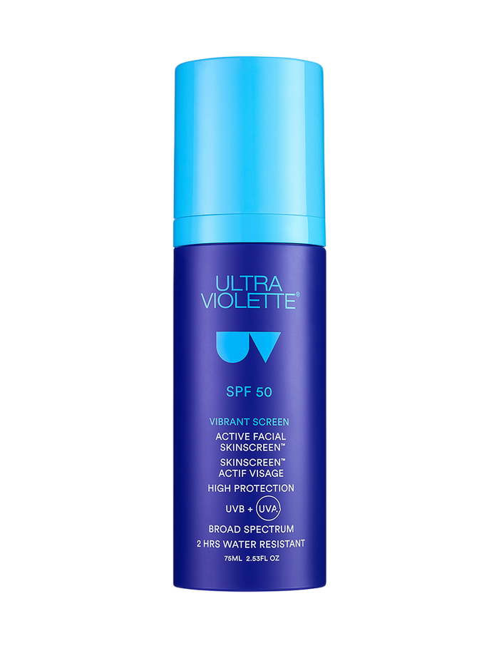 Tube of Vibrant Screen SPF 50 active facial sunscreen on white background