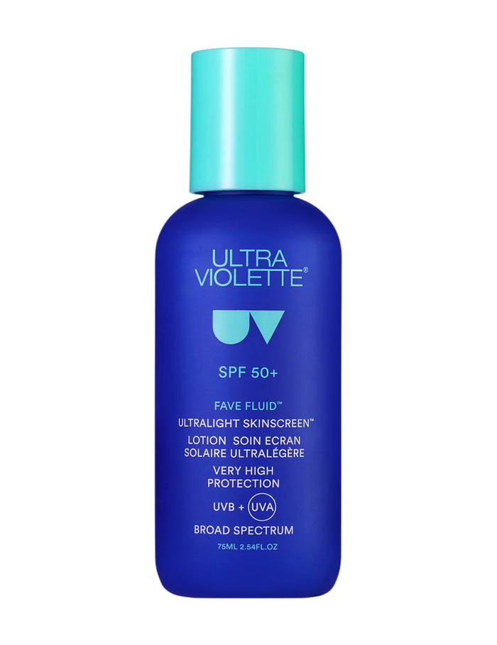 Tube of Fave Fluid SPF 50+ ultralight fragrance free sunscreen on white background