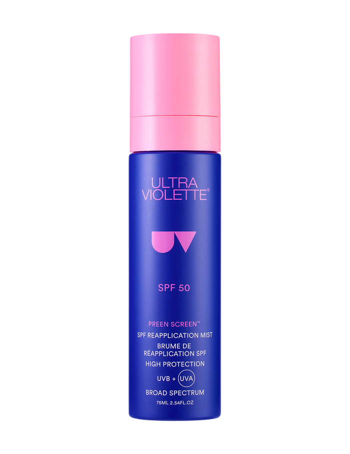 Bottle of Preen Screen SPF 50 reapplication mist on white background