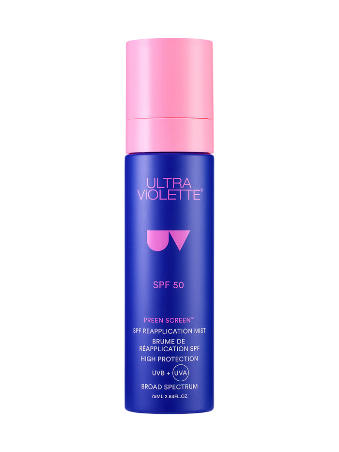 Bottle of Preen Screen SPF 50 reapplication mist on white background