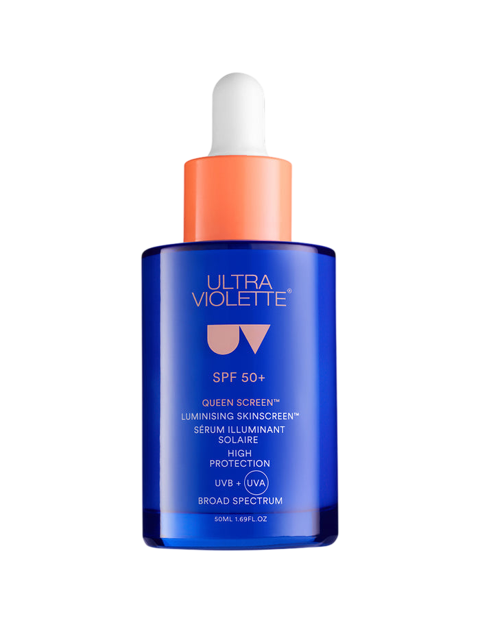 Tube of Queen Screen SPF 50+ luminising sunscreen on white background