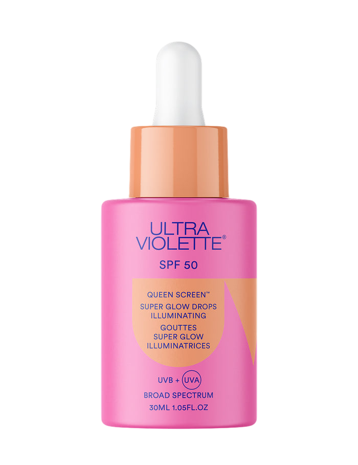 Dropper bottle of Queen Screen SPF 50 super glow drops on white background
