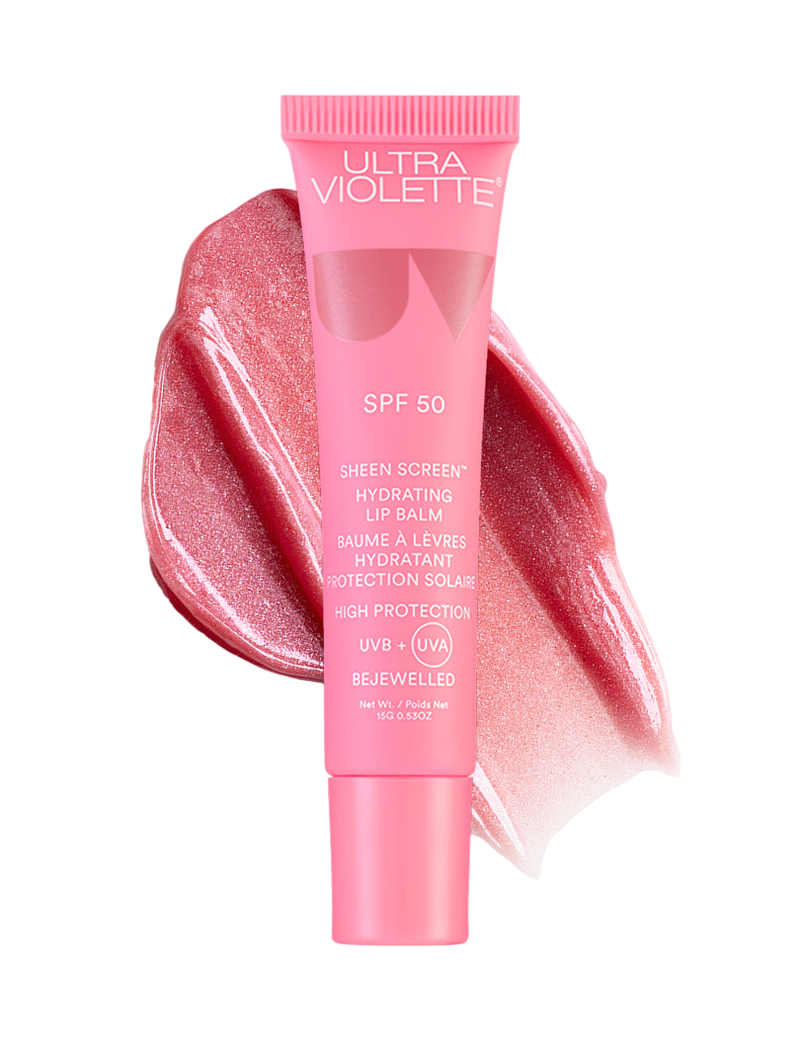 Tube of Bejewelled Sheen Screen SPF 50 hydrating lip balm on white background