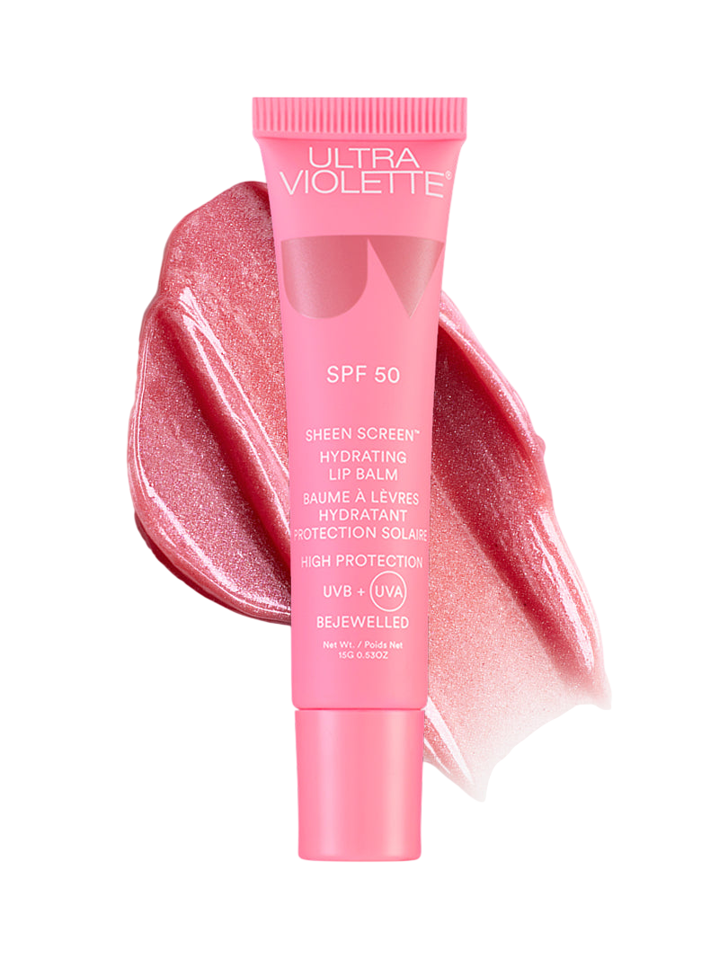 Tube of Bejewelled Sheen Screen SPF 50 hydrating lip balm on white background