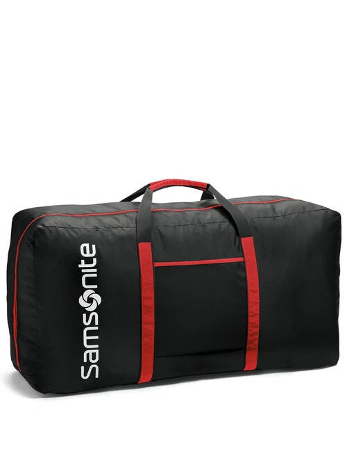 Black duffel bag with red accents and Samsonite logo on a white background