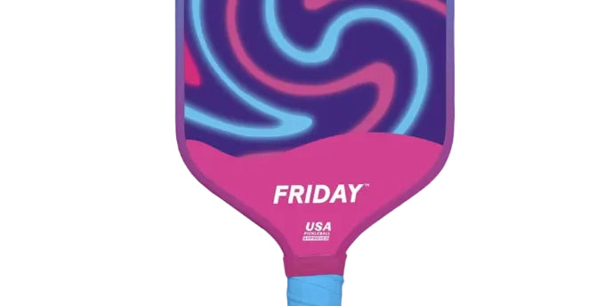 Pickleball paddle with pink and blue swirl design on a white background
