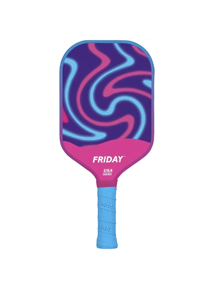 Pickleball paddle with pink and blue swirl design on a white background