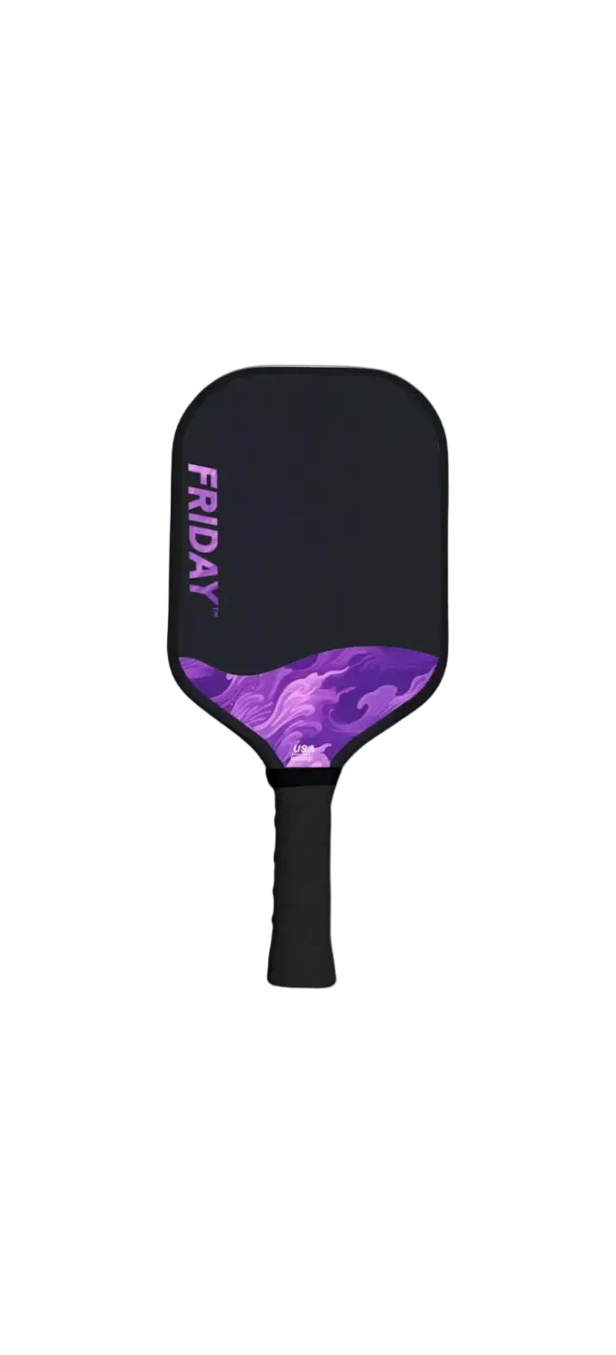 Black and purple pickleball paddle with 'FRIDAY' branding on a white background