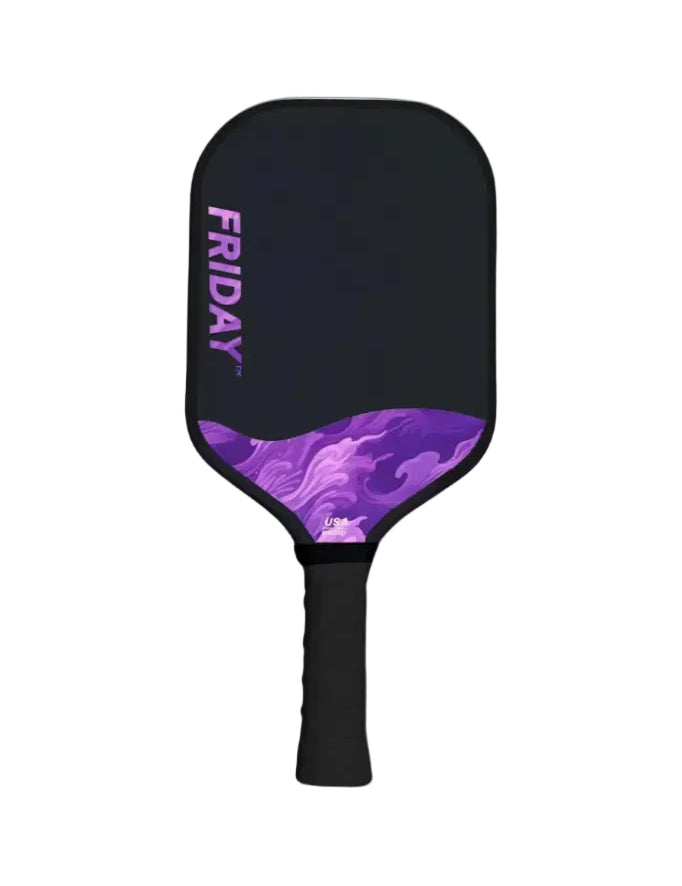 Black and purple pickleball paddle with 'FRIDAY' branding on a white background