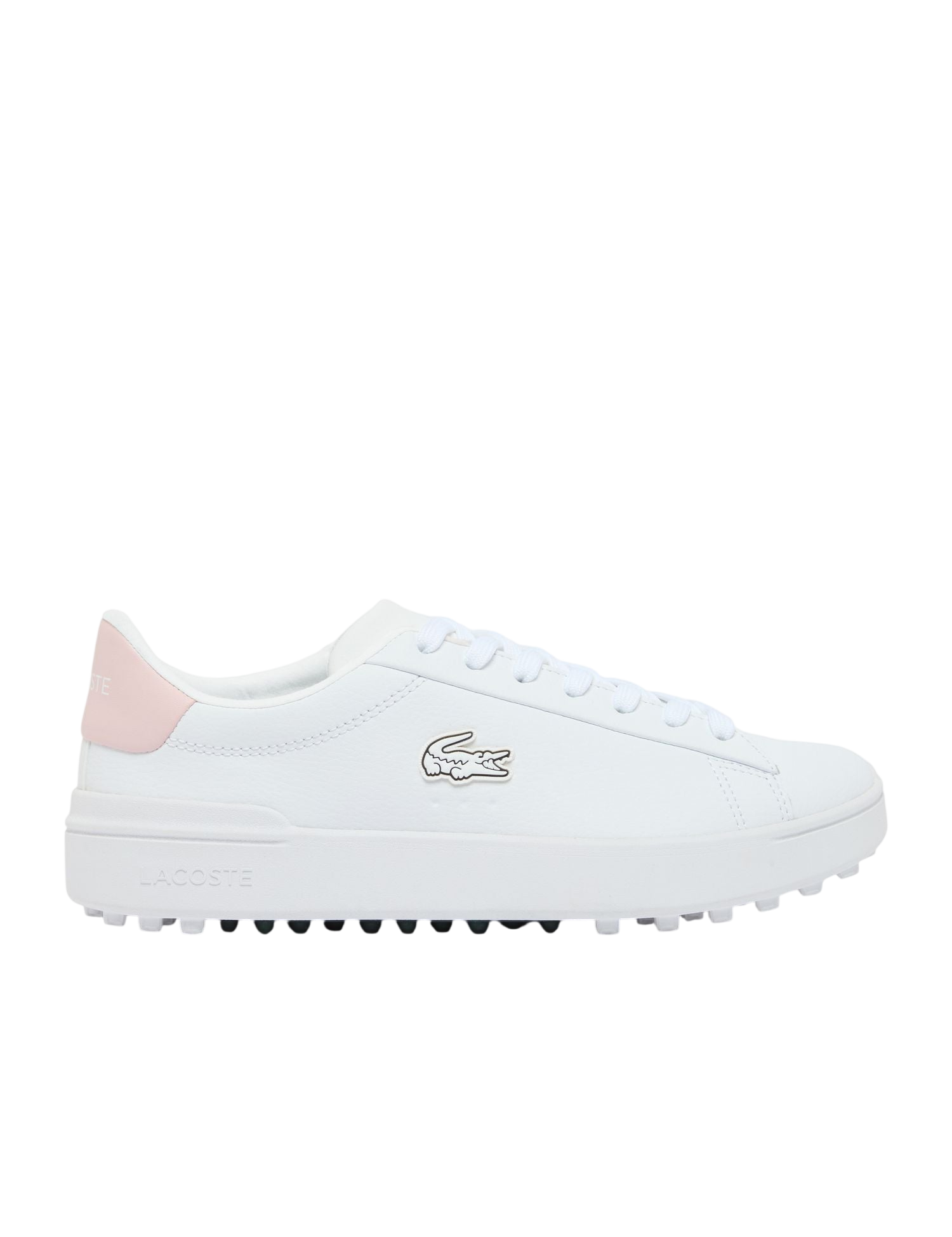 Lacoste Carnaby Golf Shoe in white pink on a white background