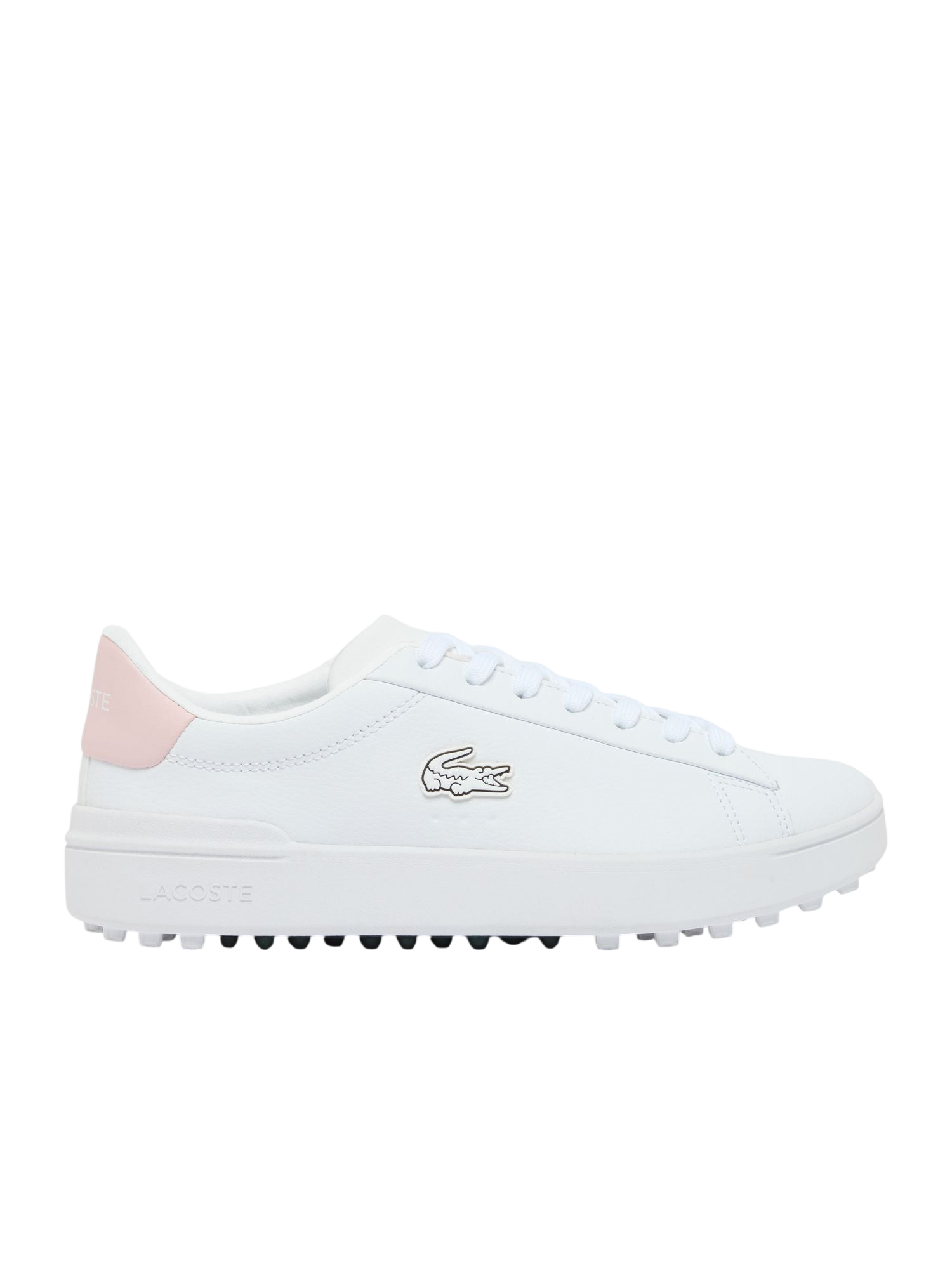 Lacoste Carnaby Golf Shoe in white pink on a white background
