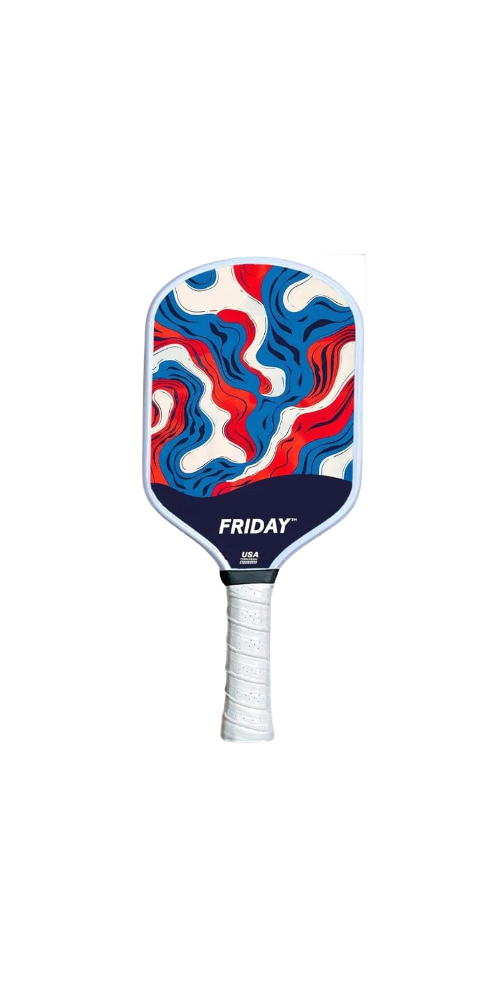 Pickleball paddle with a colorful swirl design and 'FRIDAY' branding on a white background