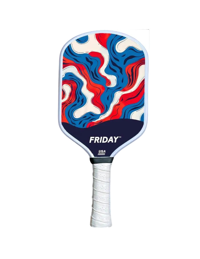 Pickleball paddle with a colorful swirl design and 'FRIDAY' branding on a white background