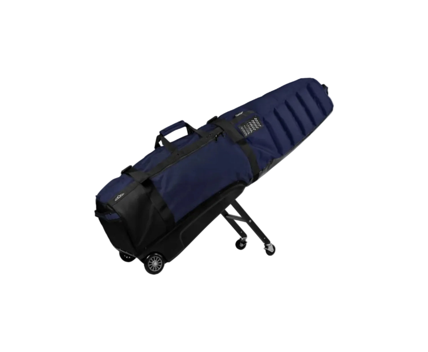 Navy blue and black rolling golf bag on a white background