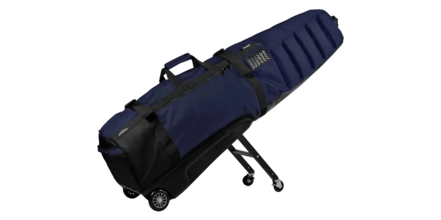 Navy blue and black rolling golf bag on a white background
