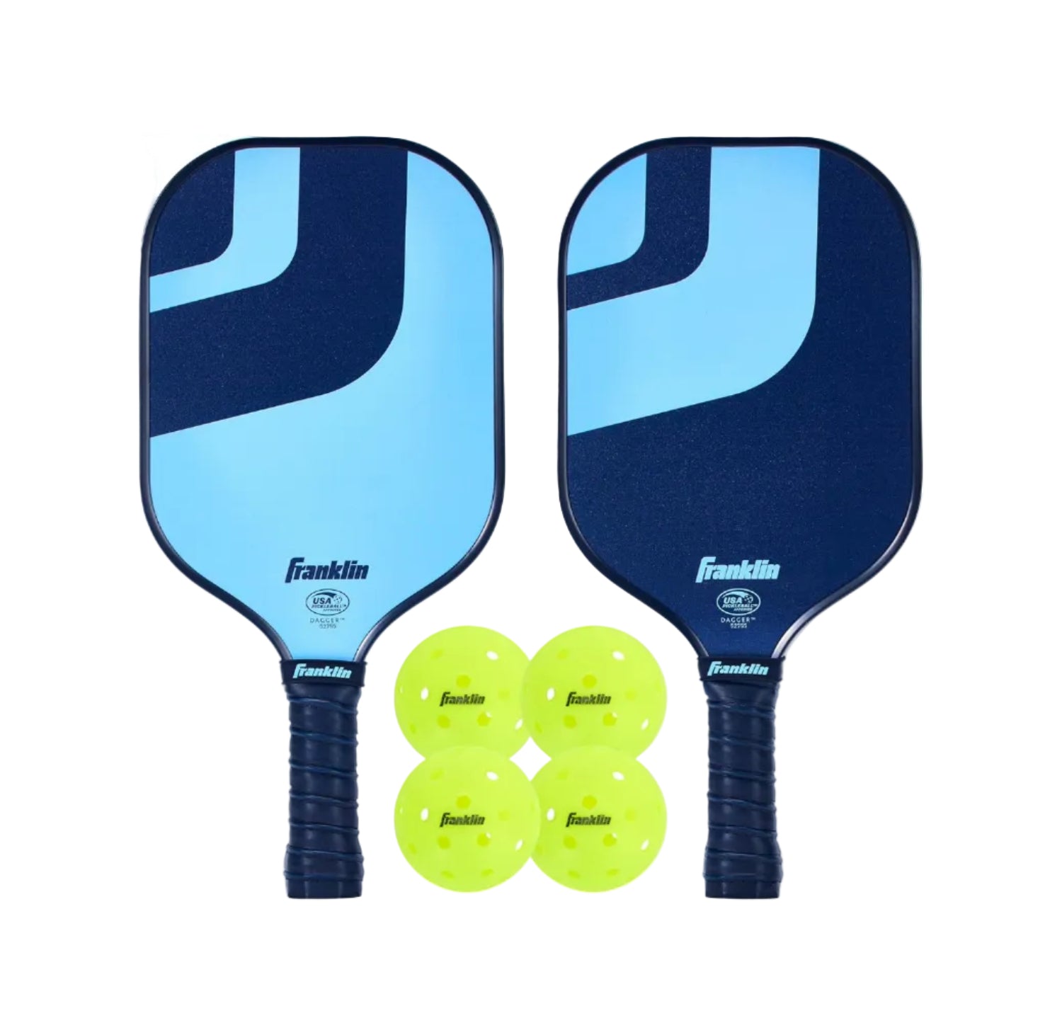 Two blue pickleball paddles with Franklin branding and four yellow pickleballs on a white background.