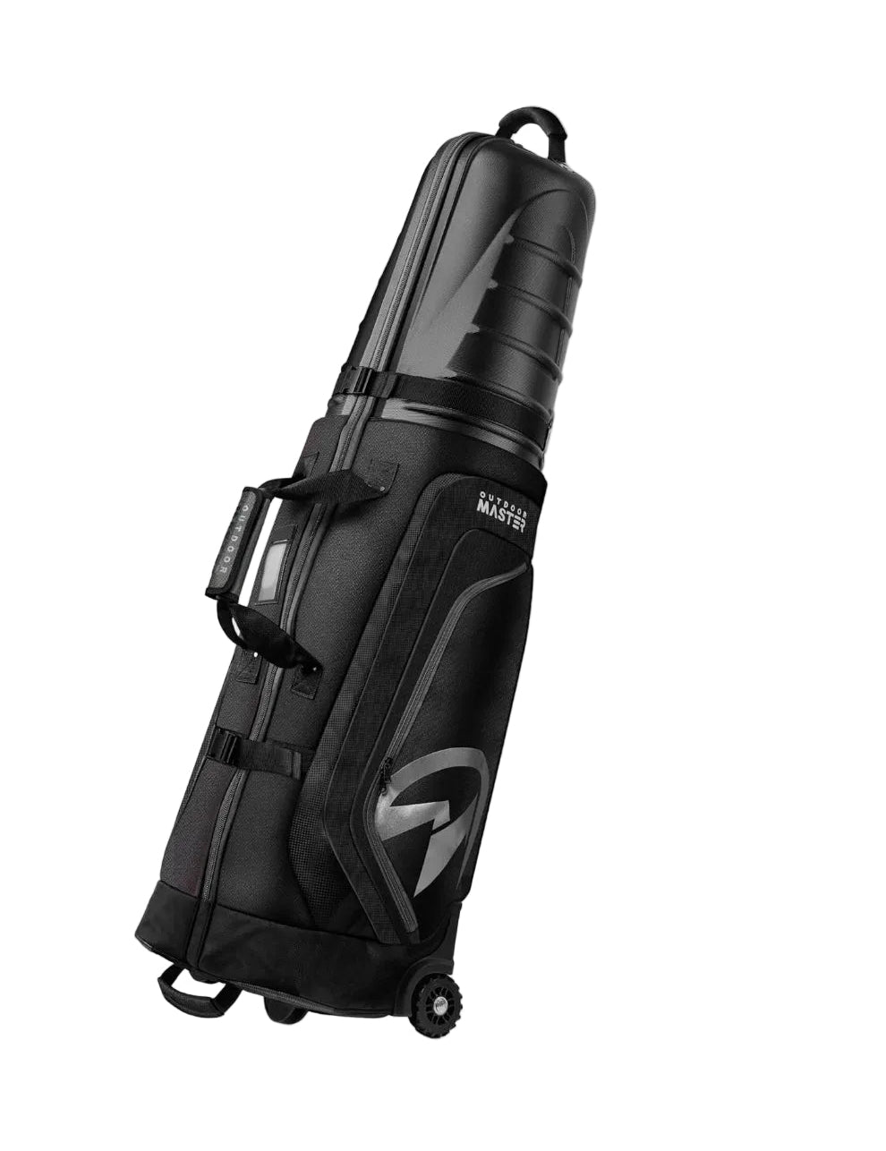 Black golf bag with wheels on a white background