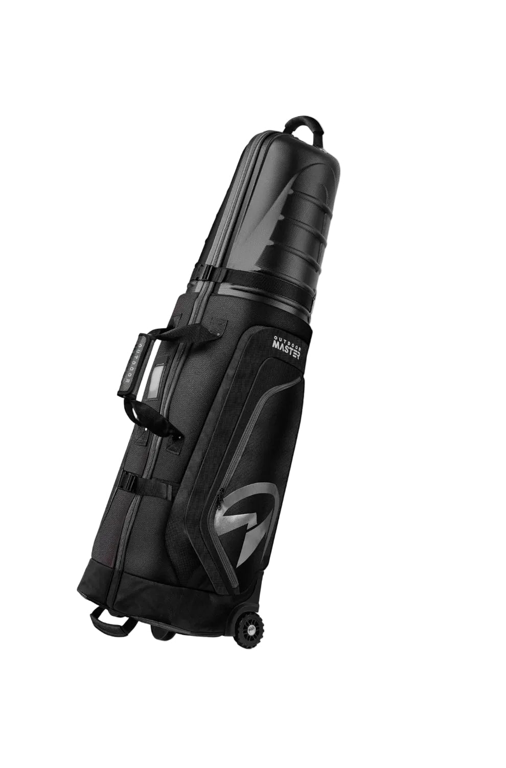 Black golf bag with wheels on a white background