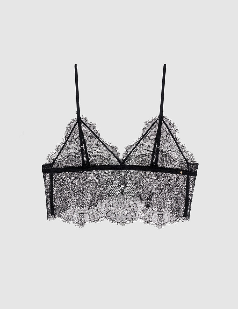 Black lace bralette, front view on white background