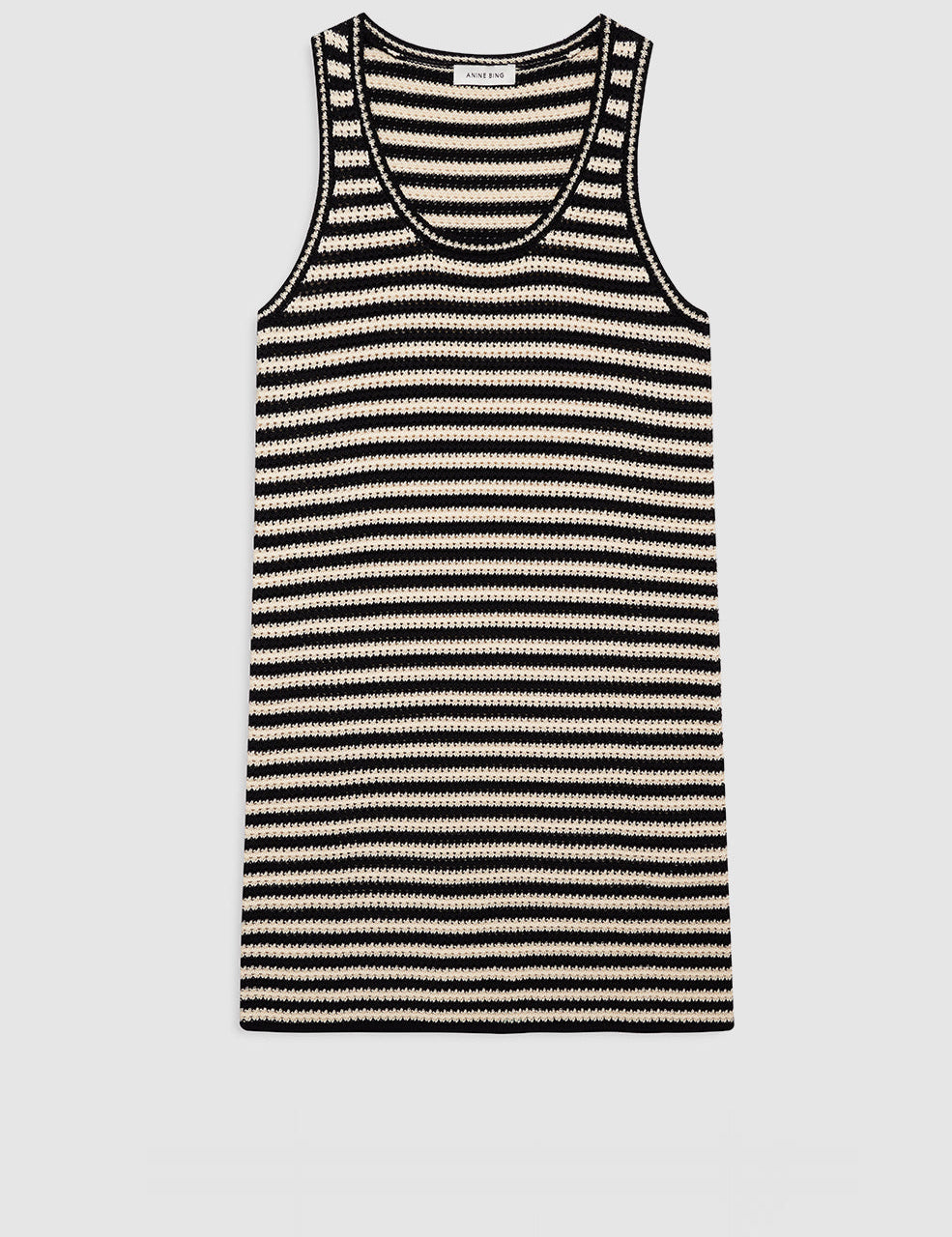 Black and ivory stripe mini dress, front view on white background