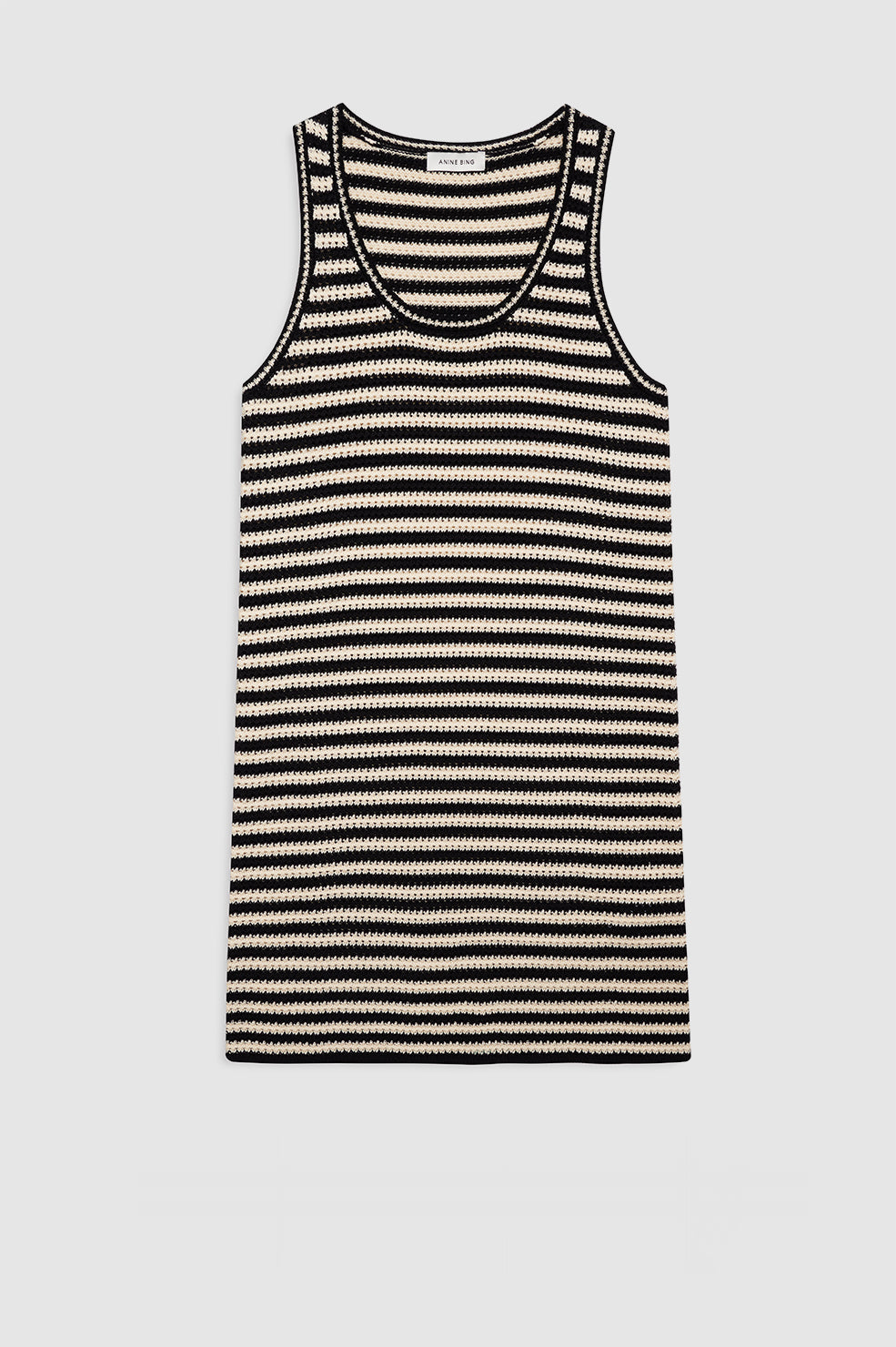 Black and ivory stripe mini dress, front view on white background